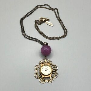 Vintage Lenora Dame Brass Chain Gemstone and Watch Pendant Necklace Whimsy